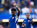 Chelsea's Ian Maatsen acknowledges fans after the match on August 13, 2023