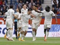 Lorient's Enzo Le Fee celebrates scoring their first goal with teammates on April 30, 2023