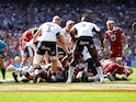 Sale Sharks' Akker van der Merwe scores a try on May 27, 2023